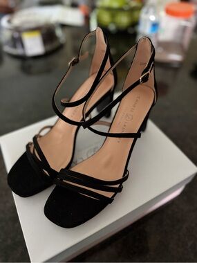 Chinese Laundry Black Strappy Block Heel Sandals with Ankle Buckle
